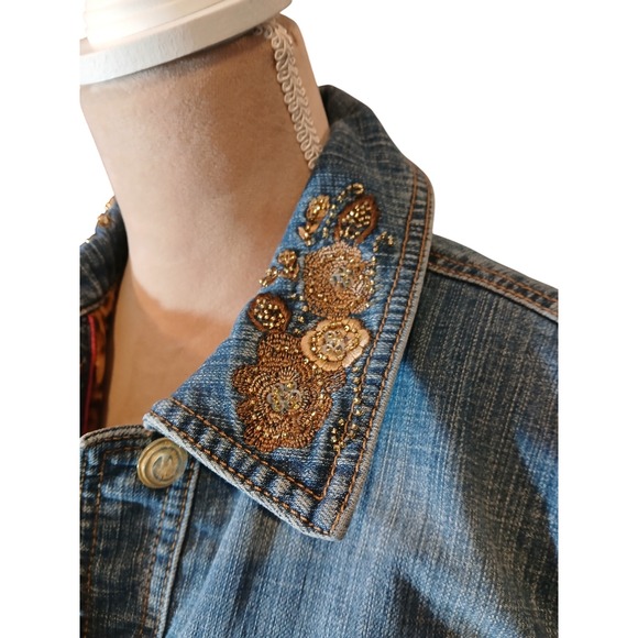 CE Embroidered Sequin Denim Jacket Gold Medium Wash Glam Coachella   Womans - Picture 5 of 12